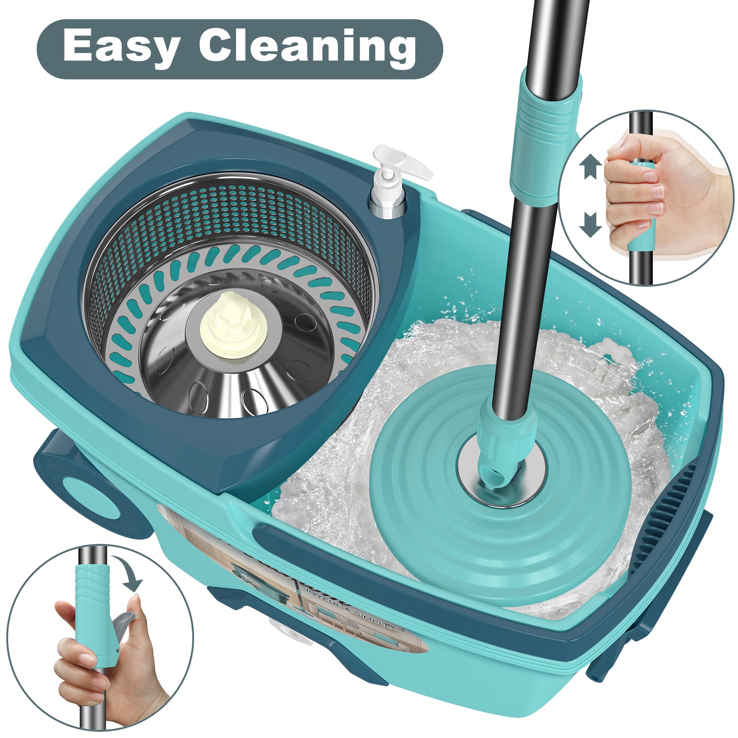 FunClean Spin Mop and Bucket System | 6 Replacement Mop Heads | 61" Extended Handle