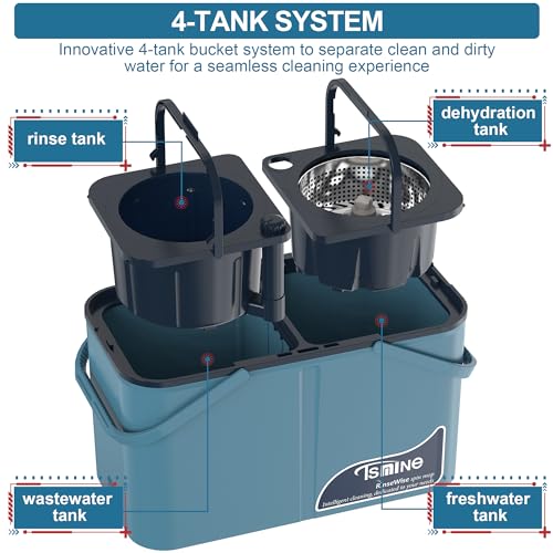 RinseWise Spin Mop Bukcet System | 4-Chamber & Wheels | Separate Clean and Dirty Water | Refills washable